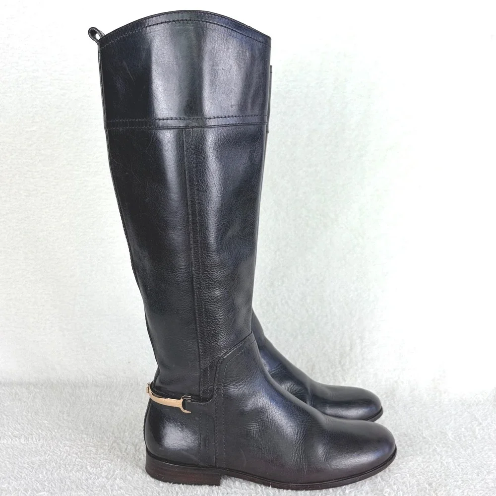 Tory Burch Jess Dark Brown Leather Knee High Riding Boots Gold‎ Horsebit 7.5M